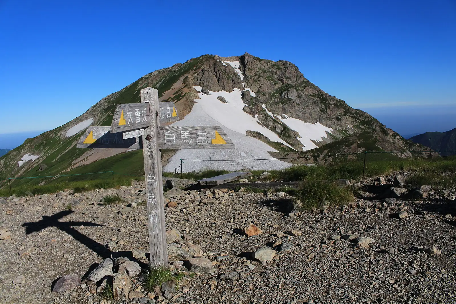 北アルプスの稜線上の分岐に立つ木製の道標と、奥にそびえる山