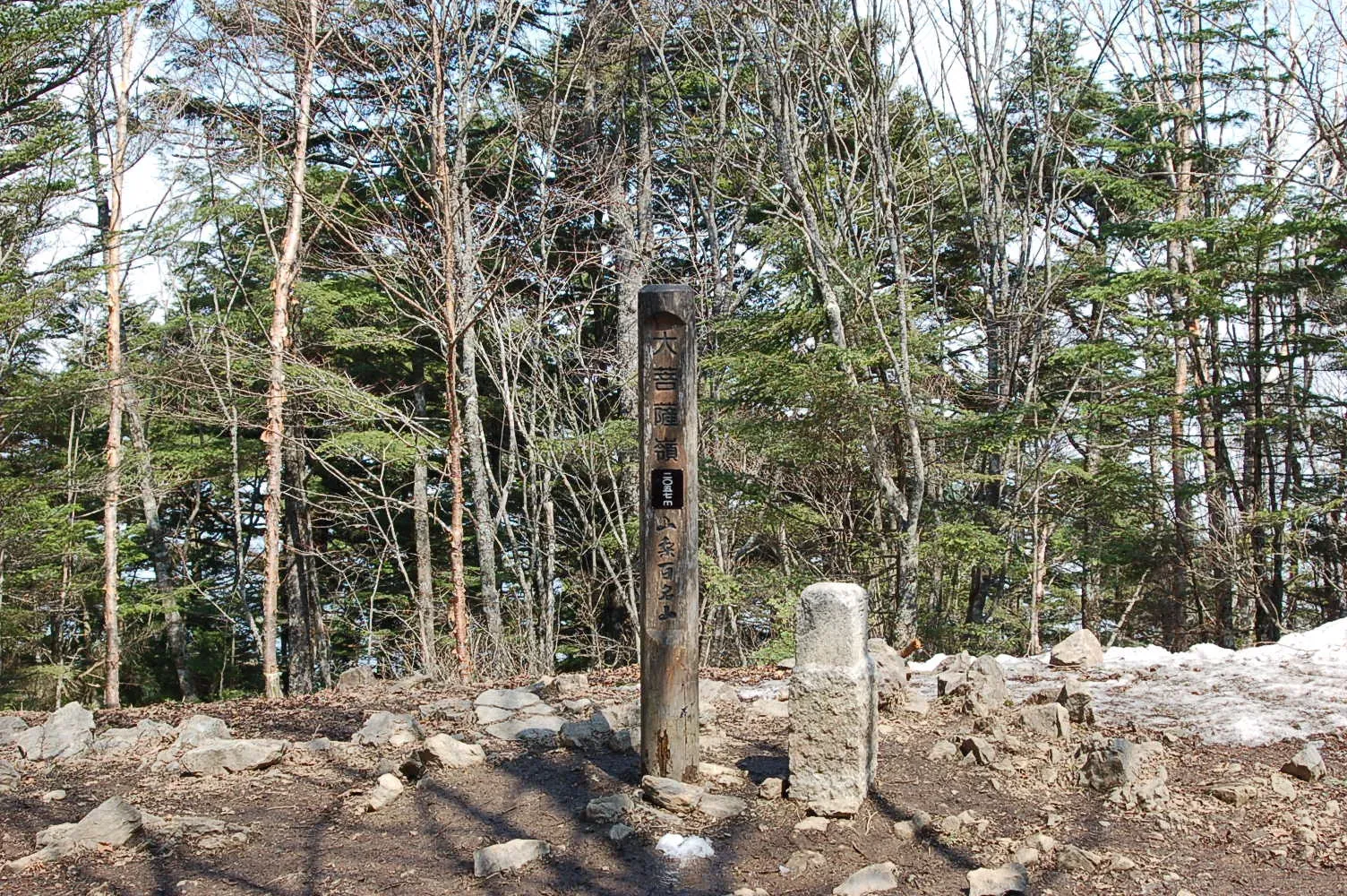 樹林に囲まれた大菩薩嶺の山頂と標柱。足元には雪が残っている