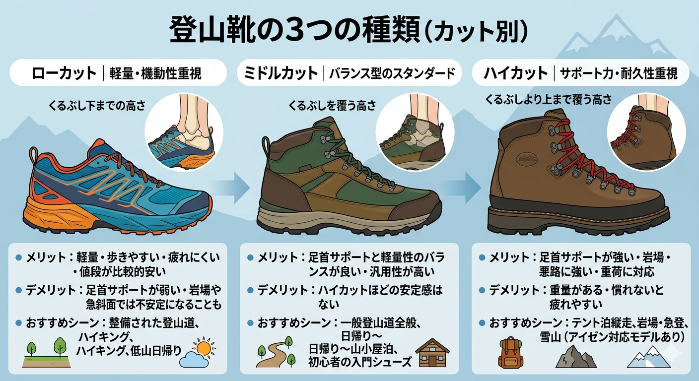 登山靴のカットの種類（ローカット・ミドルカット・ハイカット）の比較イラスト