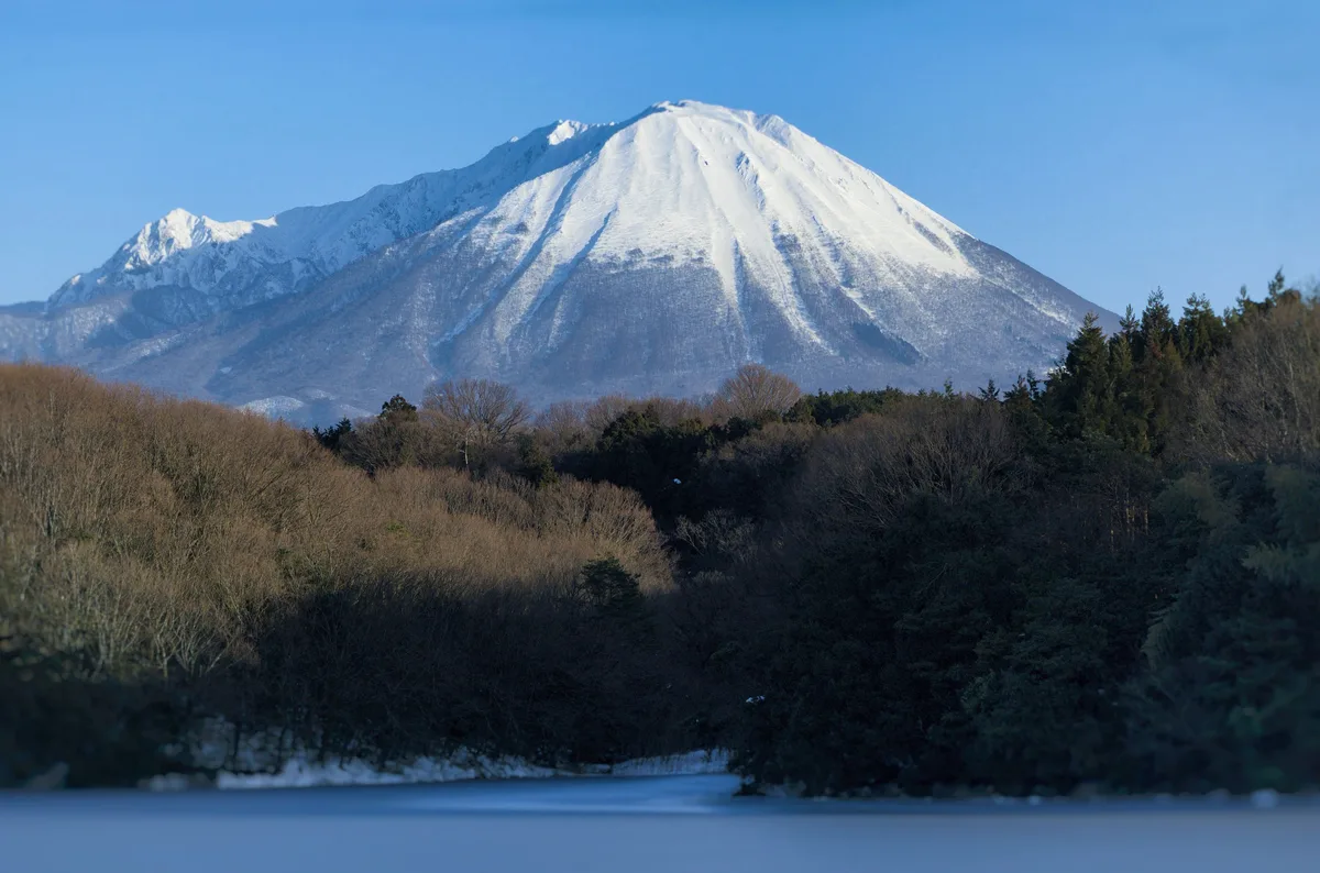 雪で白くなった大山と、手前の林と湖