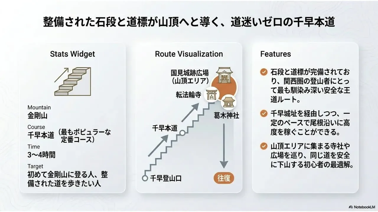 金剛山のモデルコース1として、千早登山口から千早本道を登って国見城跡広場や転法輪寺、葛木神社を巡り、同じ道を往復する定番ルートをまとめた説明画像