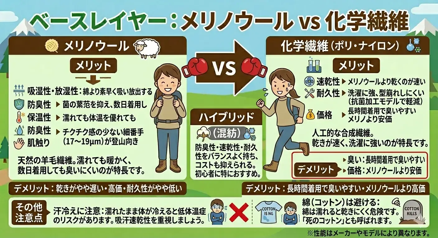 ベースレイヤーのメリノウールと化学繊維の違いを比較した図解