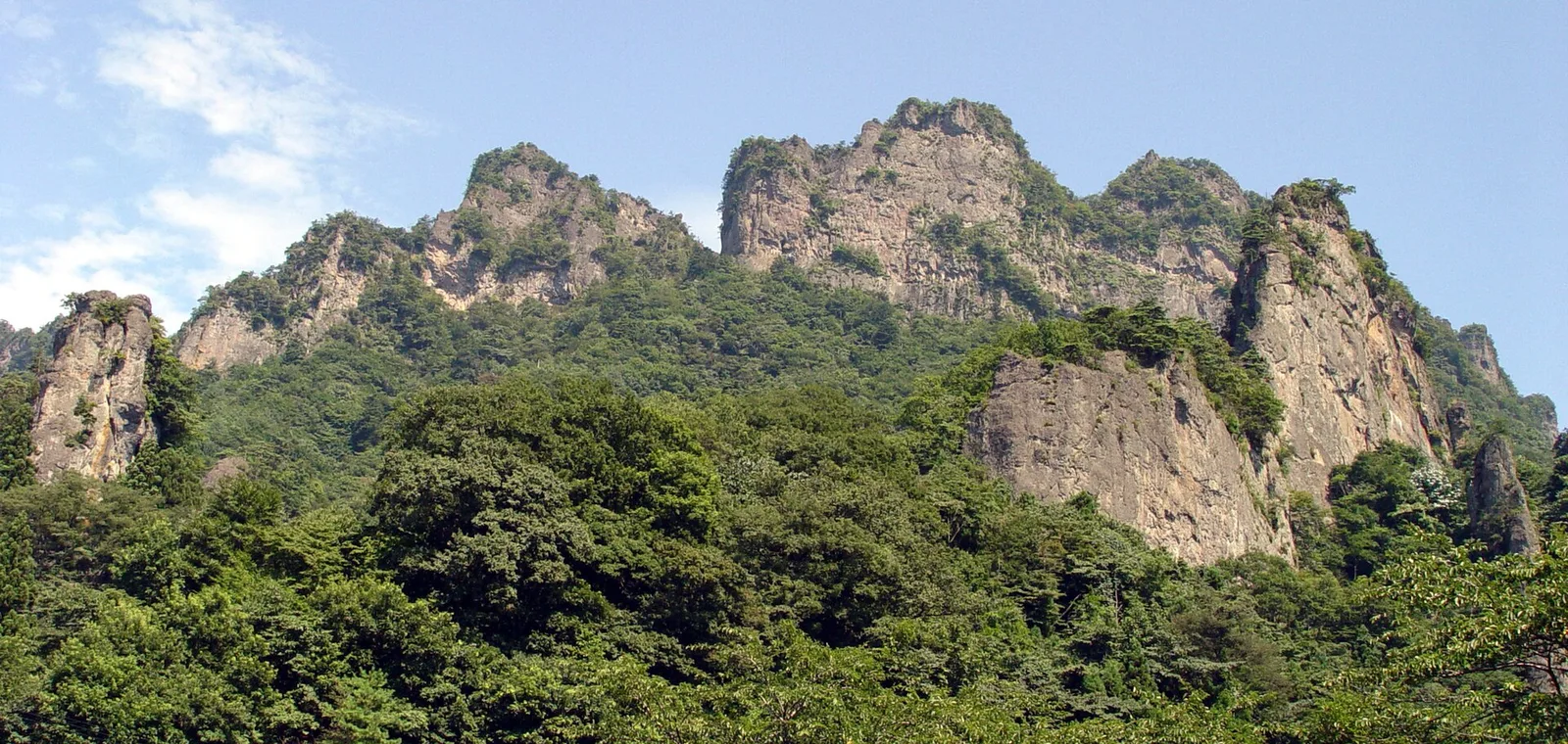 緑の森の上に、切り立った灰色の岩峰がいくつも並ぶ夏の妙義山