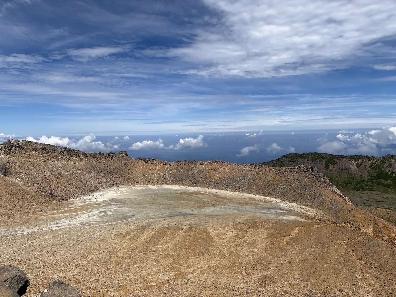 茶色い山肌に囲まれた、水のない白っぽい火口のくぼ地。奥には青空と雲が広がっている
