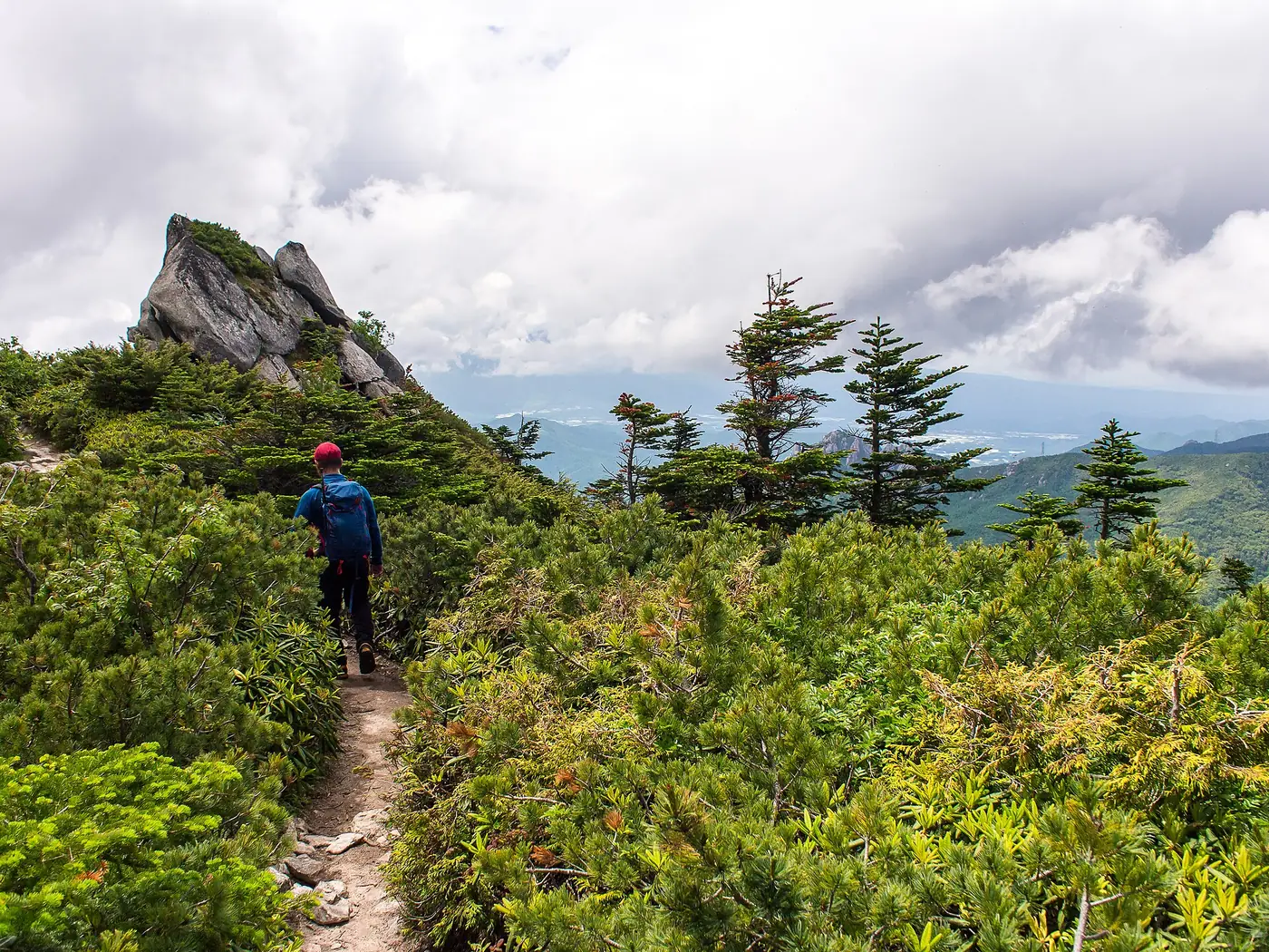 ハイマツの稜線を歩く登山者。先に大きな岩峰が見える