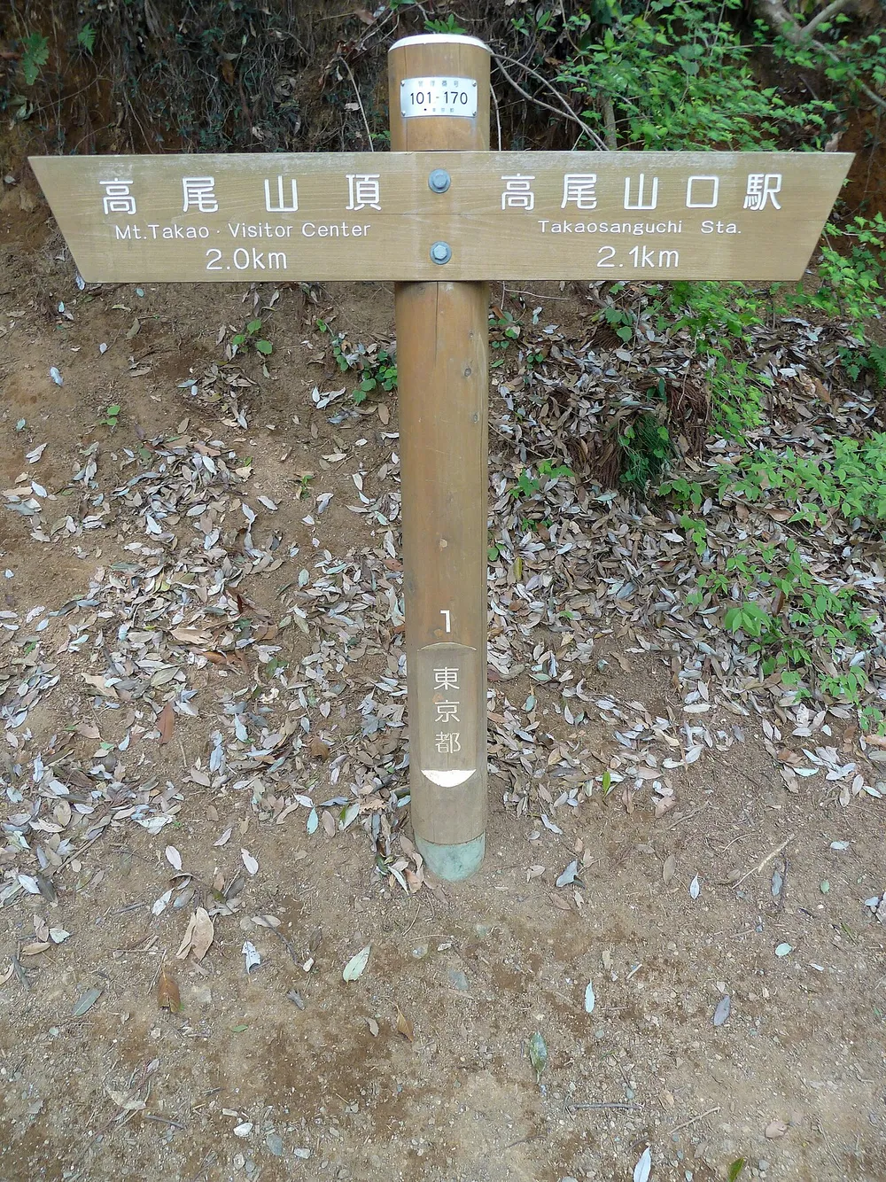 高尾山頂と高尾山口駅の方向と距離が書かれた道標
