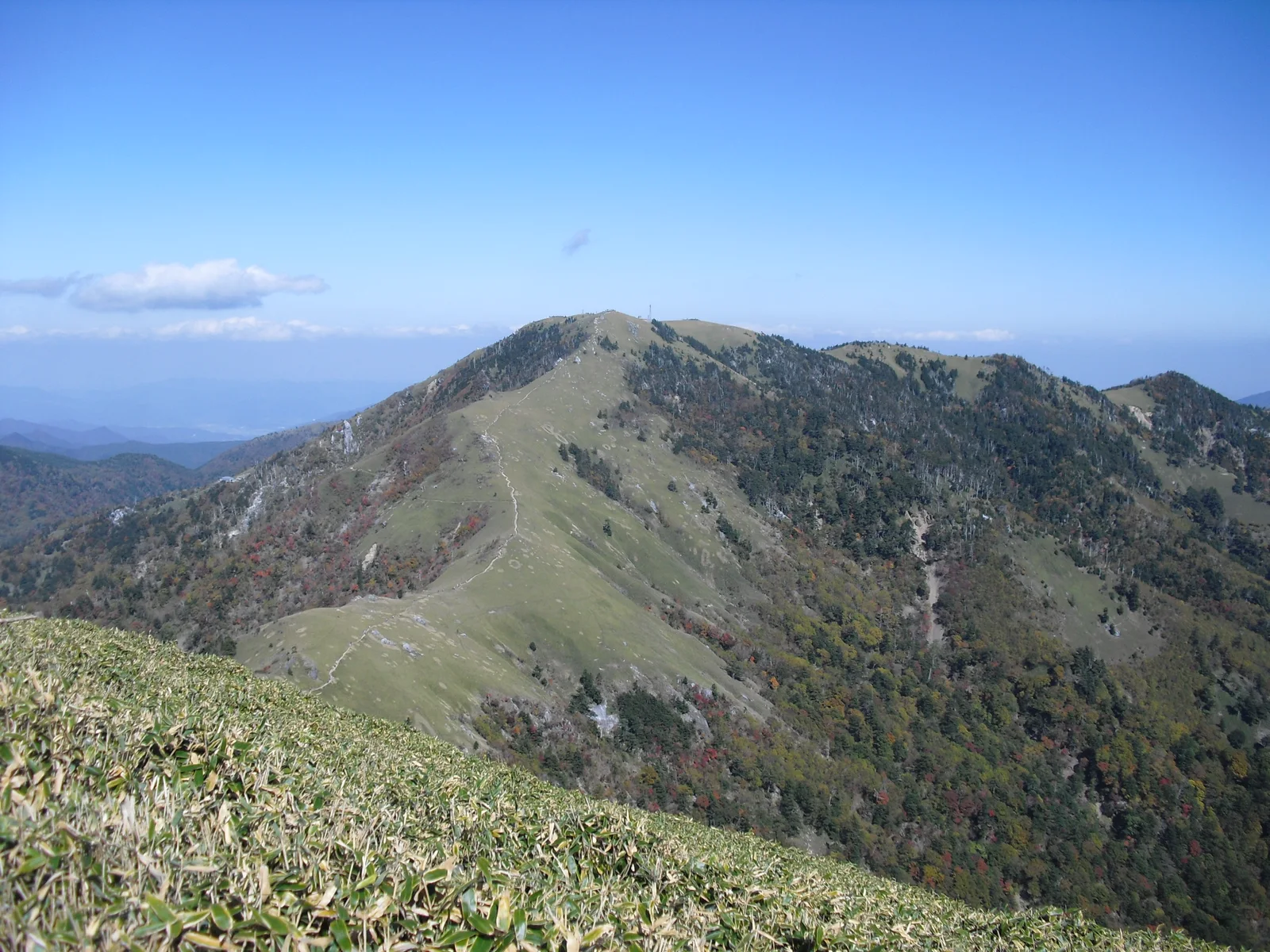 剣山のなだらかな笹原の山頂稜線と、南西の次郎笈(じろうぎゅう)側から見た剣山の全景